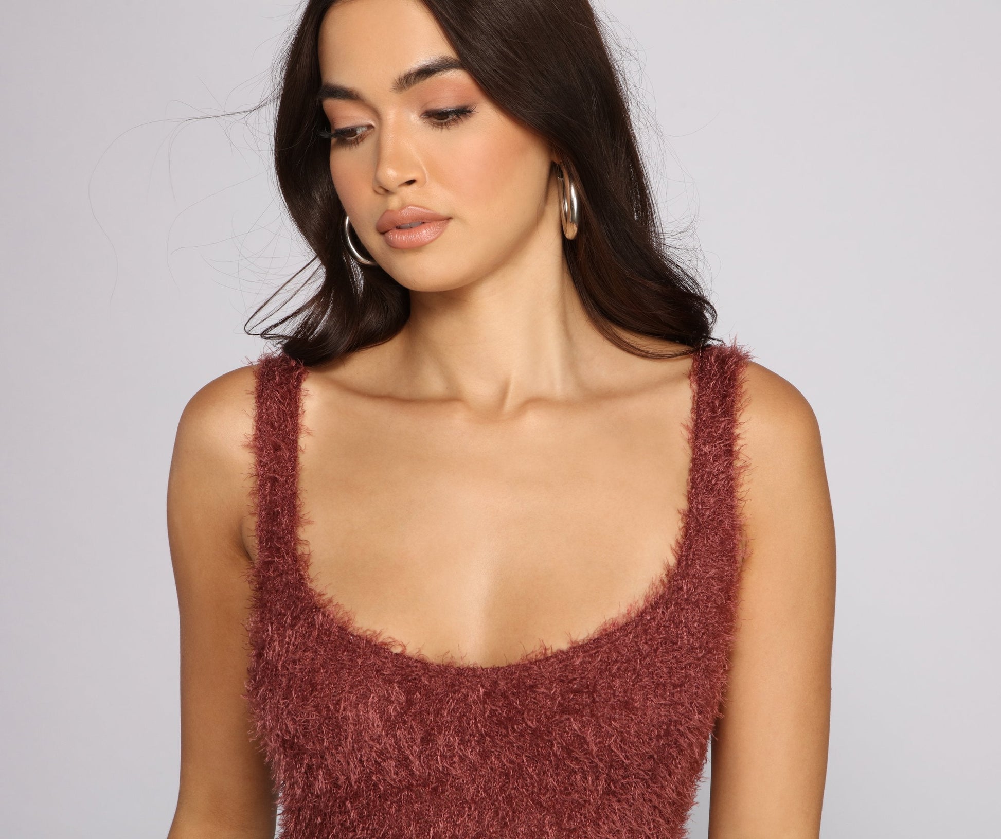 Shaggy Eyelash Knit Scoop Neck Sleeveless Bodycon Mini Dress
