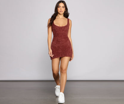 Shaggy Eyelash Knit Scoop Neck Sleeveless Bodycon Mini Dress