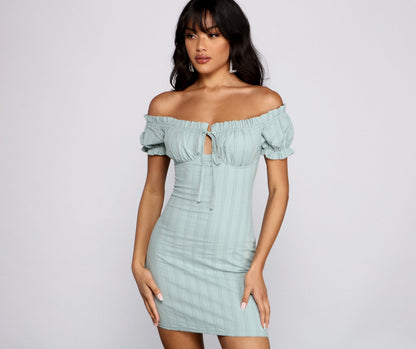 Off Shoulder Ruffled Keyhole Bow Ribbed Puff Sleeve Bodycon Mini Dress