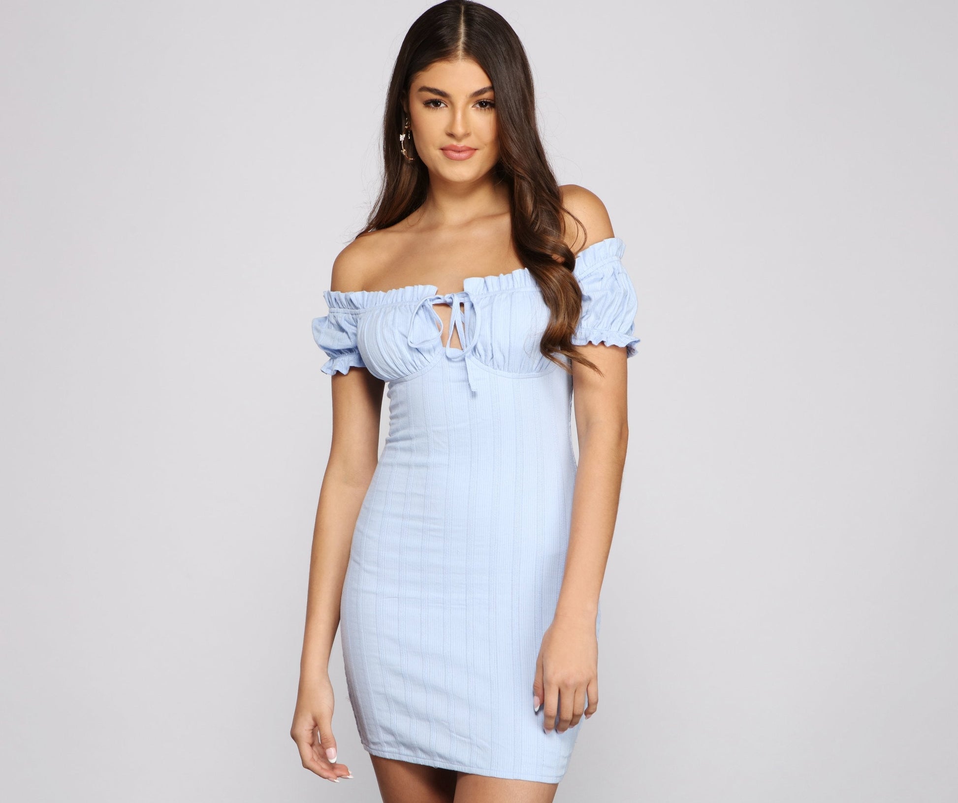 Off Shoulder Ruffled Keyhole Bow Ribbed Puff Sleeve Bodycon Mini Dress