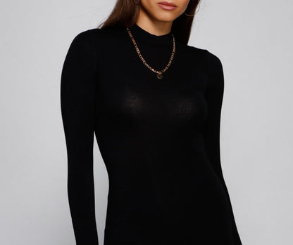 Smooth Knit Mock Neck Long Sleeve Fitted Sheath Mini Dress