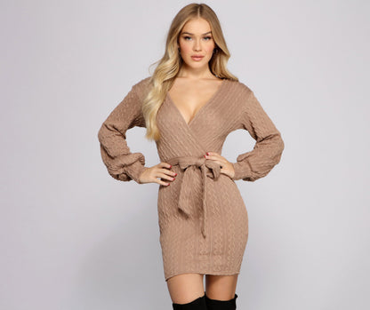 Cable Knit Wrap Deep V-Neck Balloon Sleeve Tie-Waist Mini Sweater Dress