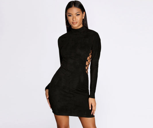 Mock Neck Lace Up Side Cut Out Faux Suede Bodycon Mini Dress