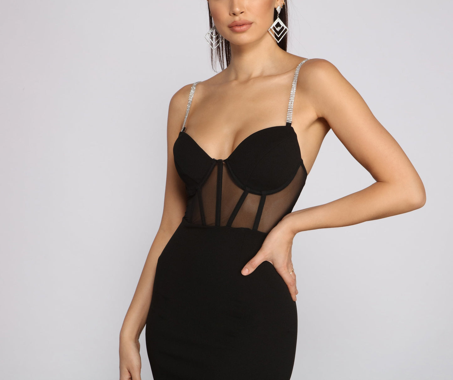 Rhinestone Strap Sweetheart Mesh Panel Corset Bodice Bodycon Mini Dress