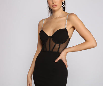 Rhinestone Strap Sweetheart Mesh Panel Corset Bodice Bodycon Mini Dress