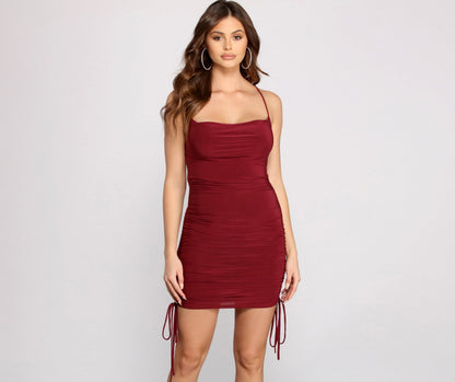 Cowl Neck Spaghetti Strap Side Drawstring Ruched Bodycon Mini Dress