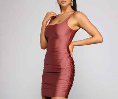 Square Neck Tank Strap Side Ruched Bodycon Mini Dress