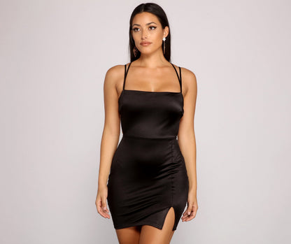 Open Back Crisscross Strap Ruched Satin Mini Dress
