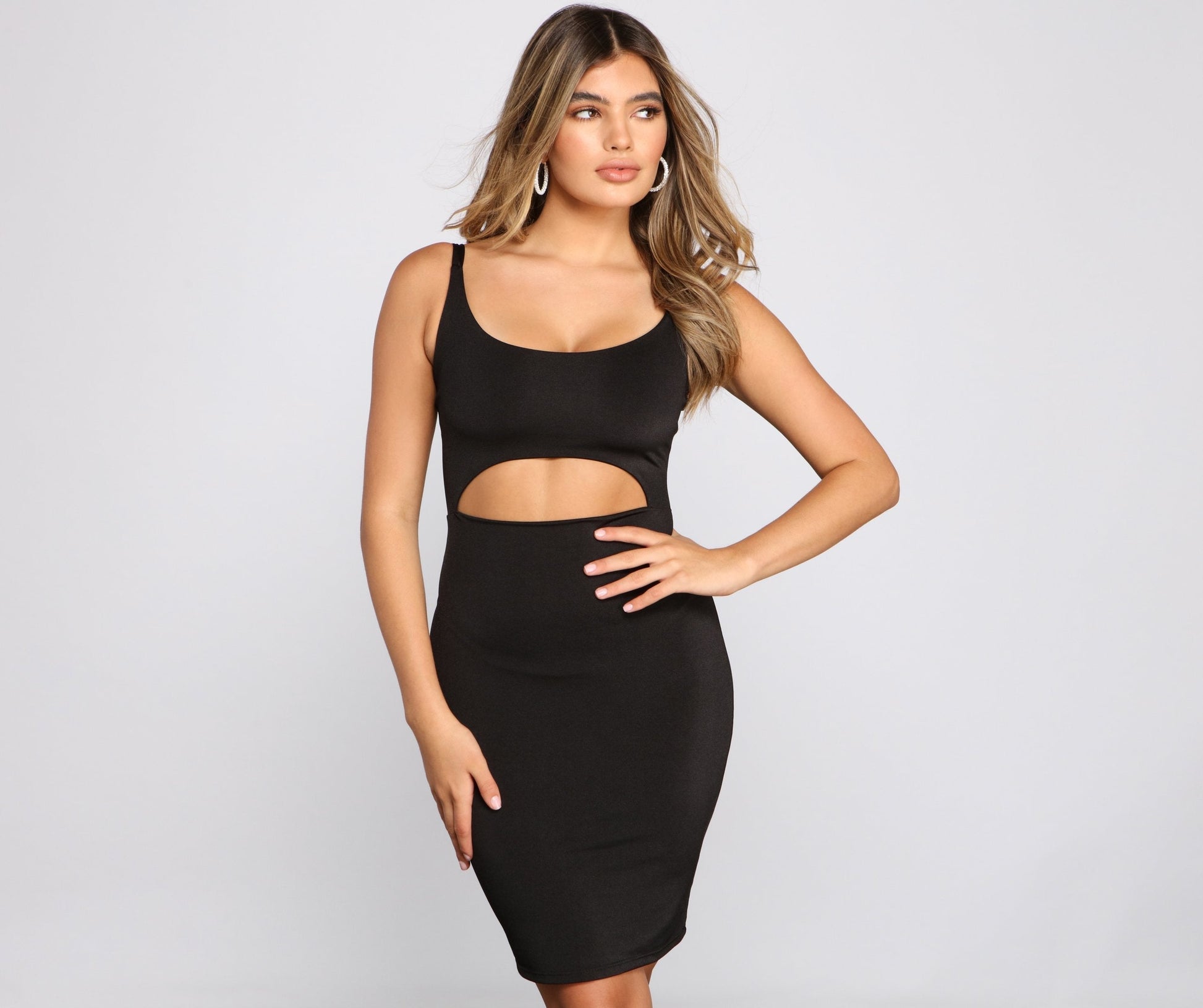 Scoop Neck Waist Cutout Sleeveless Bodycon Midi Dress
