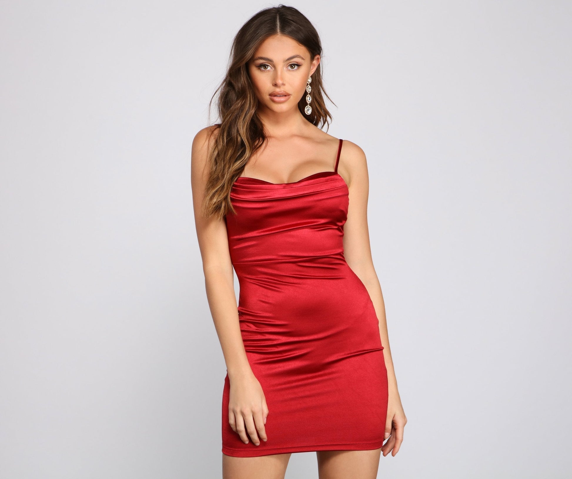 Satin Cowl Neck Spaghetti Strap Waist Seam Bodycon Mini Dress