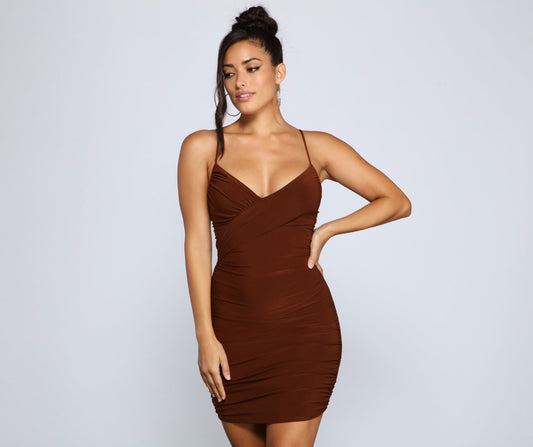 Spaghetti Strap Surplice V-Neck All Over Ruched Bodycon Mini Dress