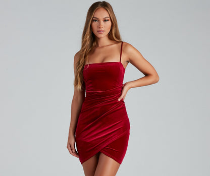 Velvet Square Neck Spaghetti Strap Ruched Wrap Tulip Hem Mini Dress
