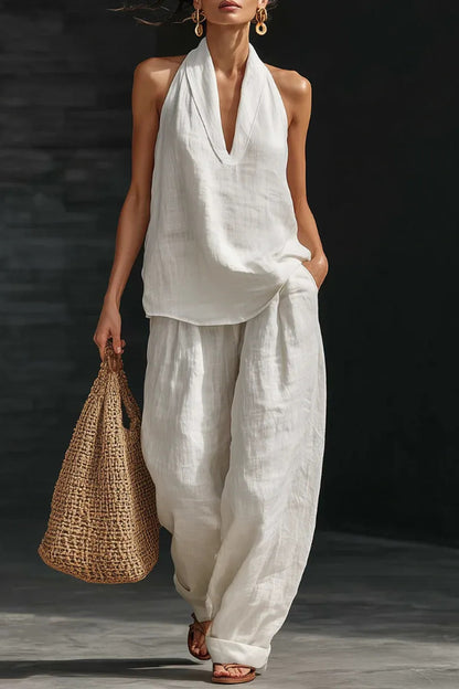 Linen Blend Solid Color V-neck Sleeveless Loose Top and Elastic Waist Casual Pocket Pants Set
