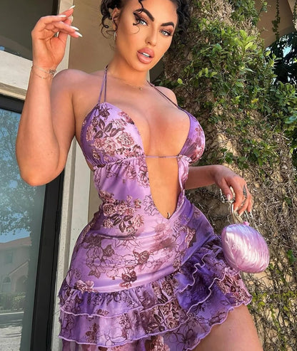 Halter Lace-Up Ruffled Mini Dress