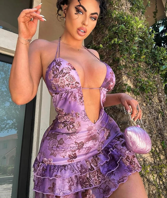 Halter Lace-Up Ruffled Mini Dress