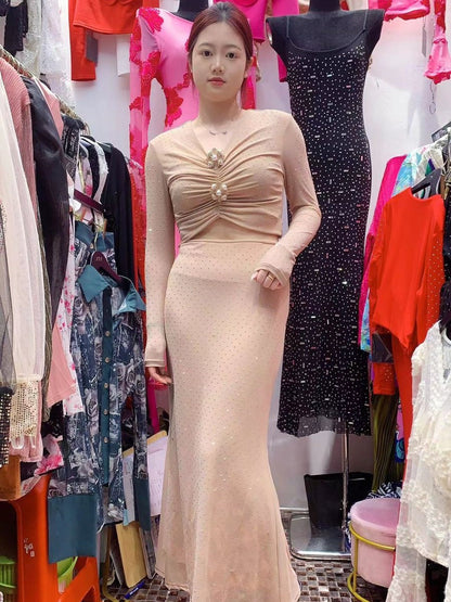 Rhinestone Laceup Crop Top & Long Skirt Coord Set