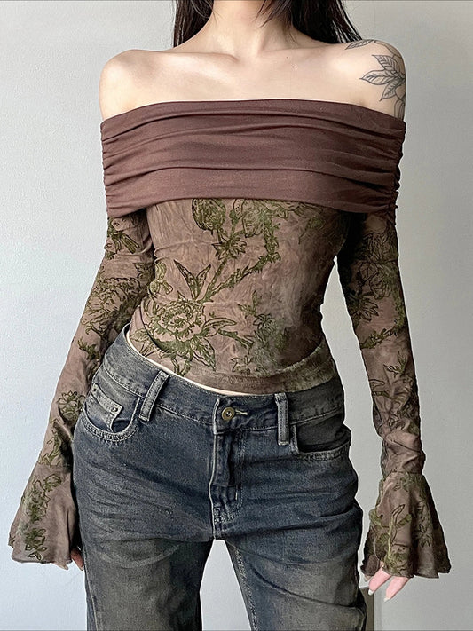 Vintage Floral Patchwork Slim Slash Neck Flare Sleeve Long Sleeve Knit Top