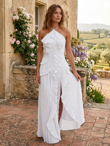 Halter Neck Ruffled Chiffon Maxi Gown With Irregular Hem For Special Events 2026