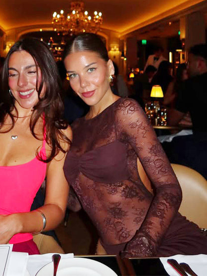 Sheer Lace Ruched Mini Dress For Women - Sexy Cut Out Open Back Bodycon Gown - Summer Night Out Club Party 2026