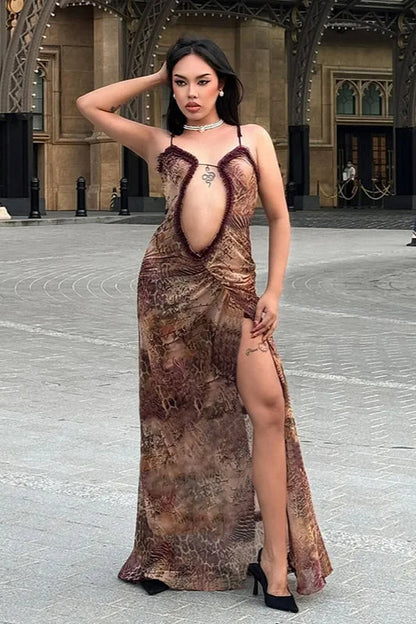Asymmetric Spaghetti Strap Plunging Cut-Out Ruched Thigh Slit Maxi Dress
