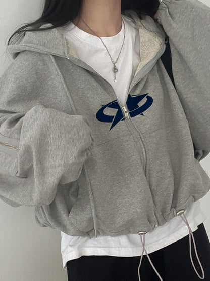 Star Print Zipper Drawstring Hem Oversized Hoodie