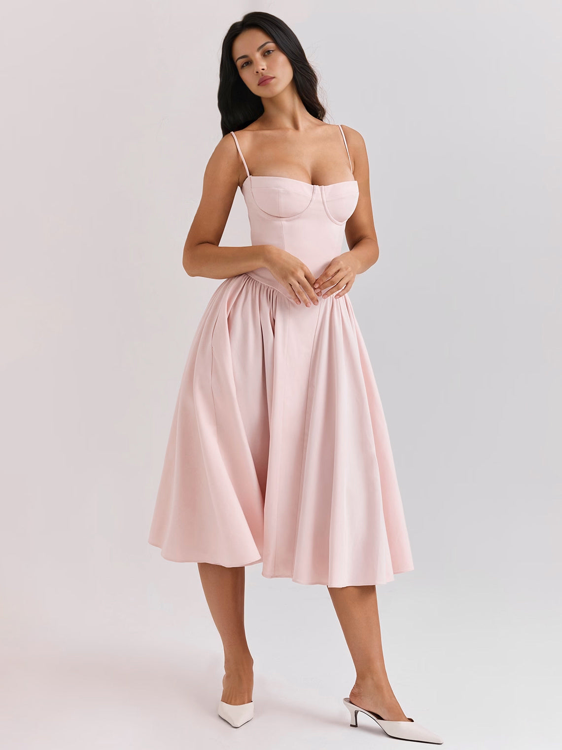 Soft Pink Corset Dress Spaghetti Strap Backless Pleated Cottagecore Midi Dress 2026