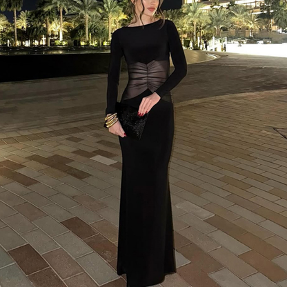 Long sleeve ruched mesh solid maxi dress