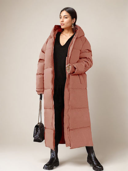Long Puffer Coats Orange Hooded Winter Full Length Coat For Women
