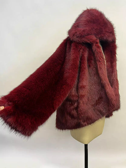 Burgundy Hooded Faux Fur Jacket For Women 2026
