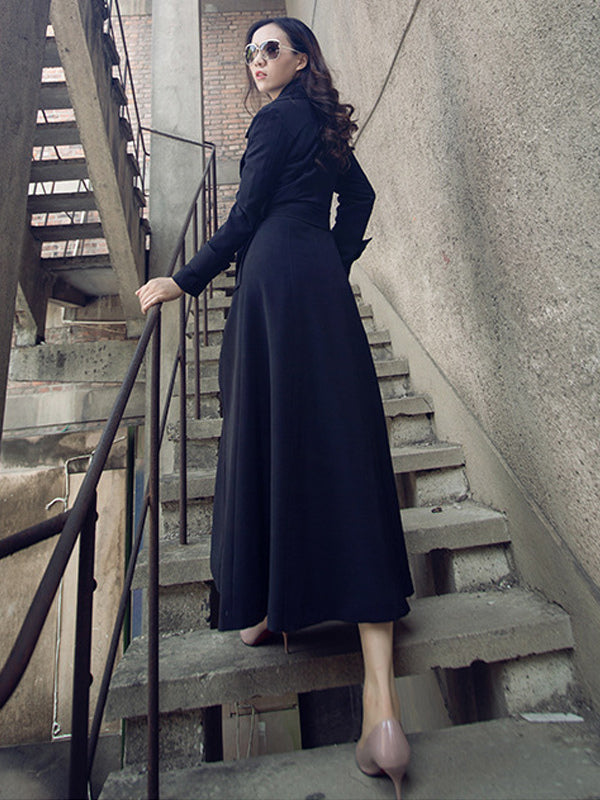 Trench Coats For Woman Red V Neck Long Sleeves Sash Stretch Casual Full Length Coat