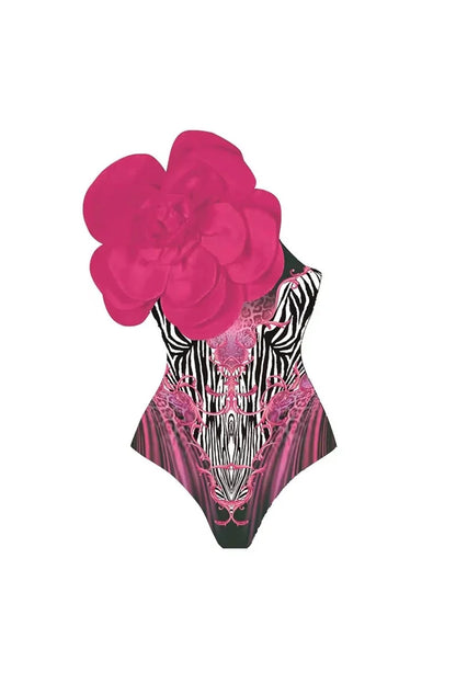 Magenta Floral Print 3D Flower Swimsuit