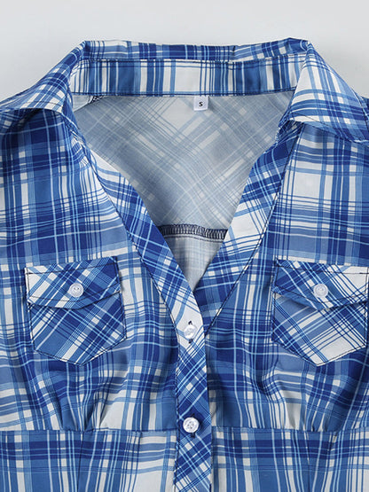 Blue Vintage Plaid Print Short Sleeves Shirts