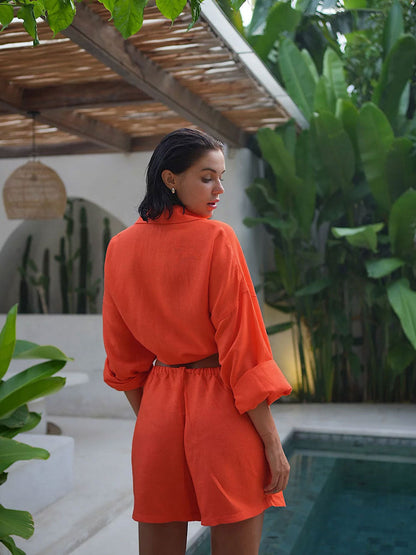 Long Sleeve Shirt Shorts Set Blouse