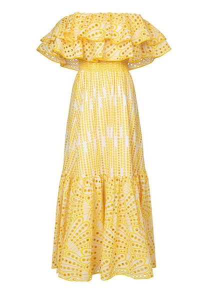 Soleia Ruffle Off-Shoulder Dress – EmbroideRed Boho Midi