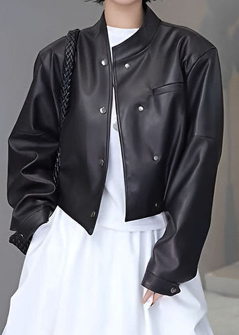 Urban Muse - Cropped Faux Leather Snap Jacket