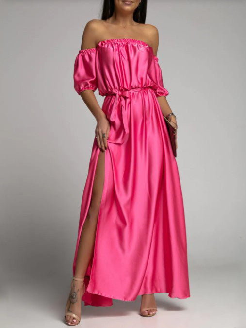 Off Shoulder Puff Sleeve Self Tie Waist Thigh Slit Satin Maxi Dress