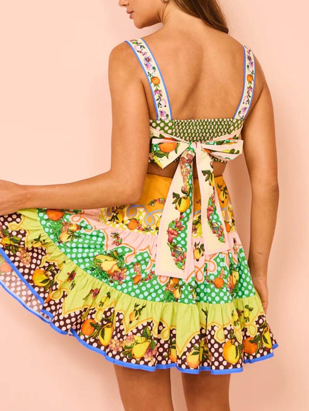 Fruit Print Tiered Ruffle Side Cutout Mini Dress