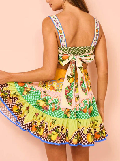 Fruit Print Tiered Ruffle Side Cutout Mini Dress