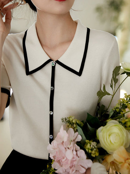 Ava Classic Contrast Lapel Knitted Top