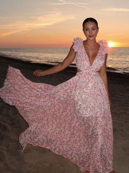 Flowy Flower Dress Plunge High-Slit Backless Maxi Boho Dresses