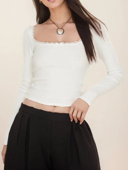 Solid Color Lace Stitching Slim Fit Long Sleeve Knits