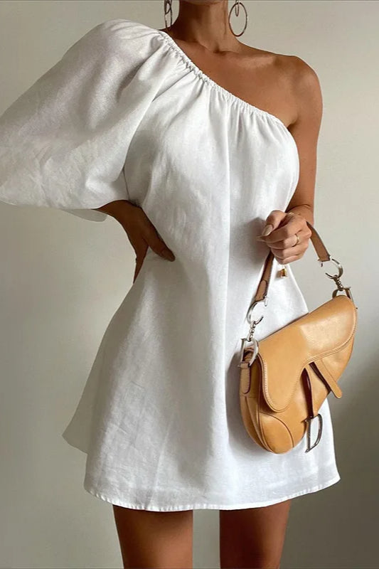 Linen Blend One Shoulder Puff Sleeve Shift Mini Dress