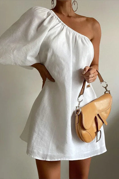 Linen Blend One Shoulder Puff Sleeve Shift Mini Dress