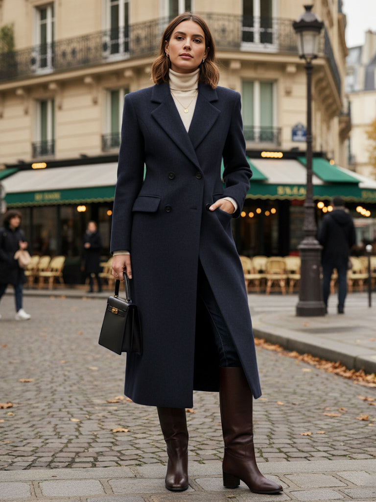 Woolen Double-Breasted Long Coat With Notch Lapel And Flap Pockets For Women 2026