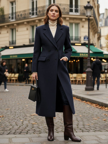 Woolen Double-Breasted Long Coat With Notch Lapel And Flap Pockets For Women 2026