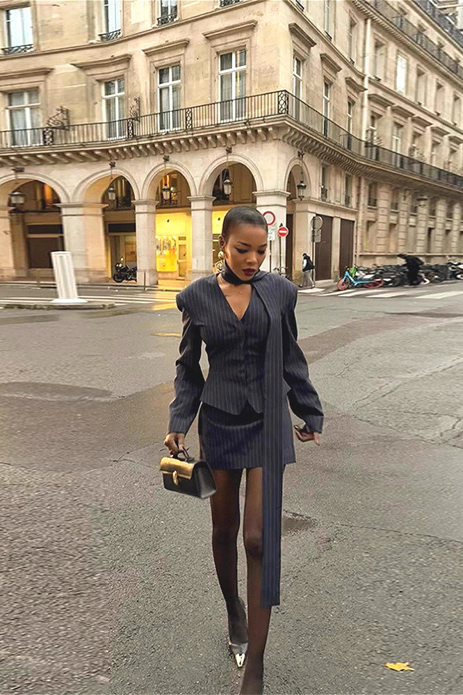 V Neck Striped Fitted Blazer Skirt Two Piece Set