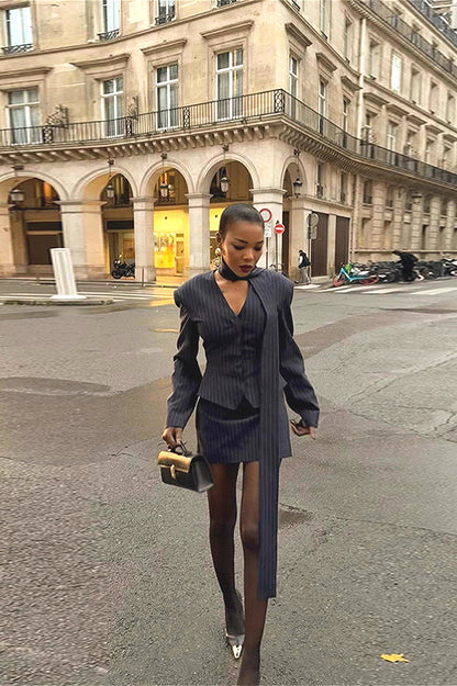 V Neck Striped Fitted Blazer Skirt Two Piece Set