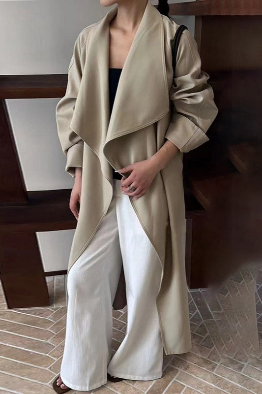 Korean Hepburn Lazy-Chic Belted Waist-Tie Long Overcoat