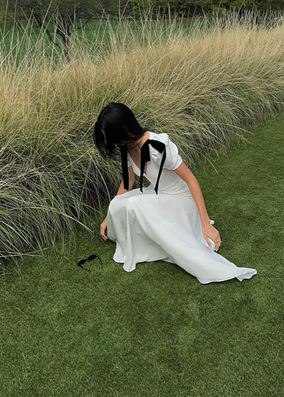 Garden Muse - Puff Sleeve Satin Maxi Dress with Velvet Bows