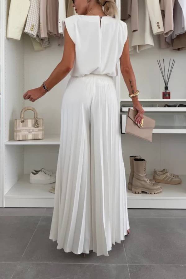 Fashionable Round Neck Shoulder Pads Top and Elastic Waist Pleated Wide-leg Pants Set